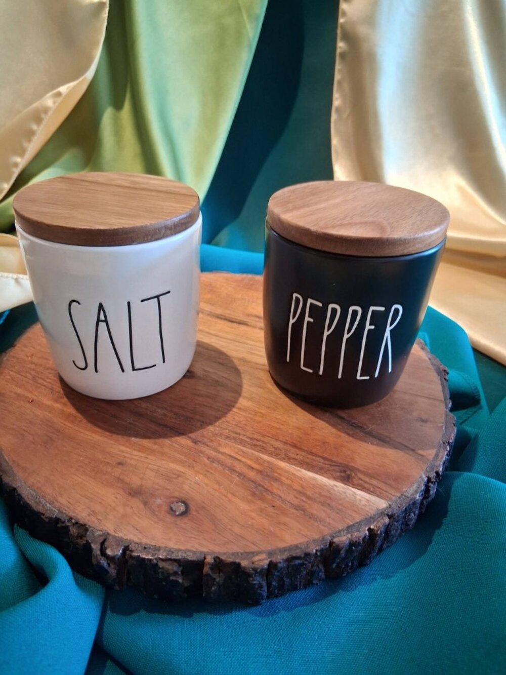 Rae Dunn Artisan Collection Salt & Pepper Cellars Wood Lids Black White Set
